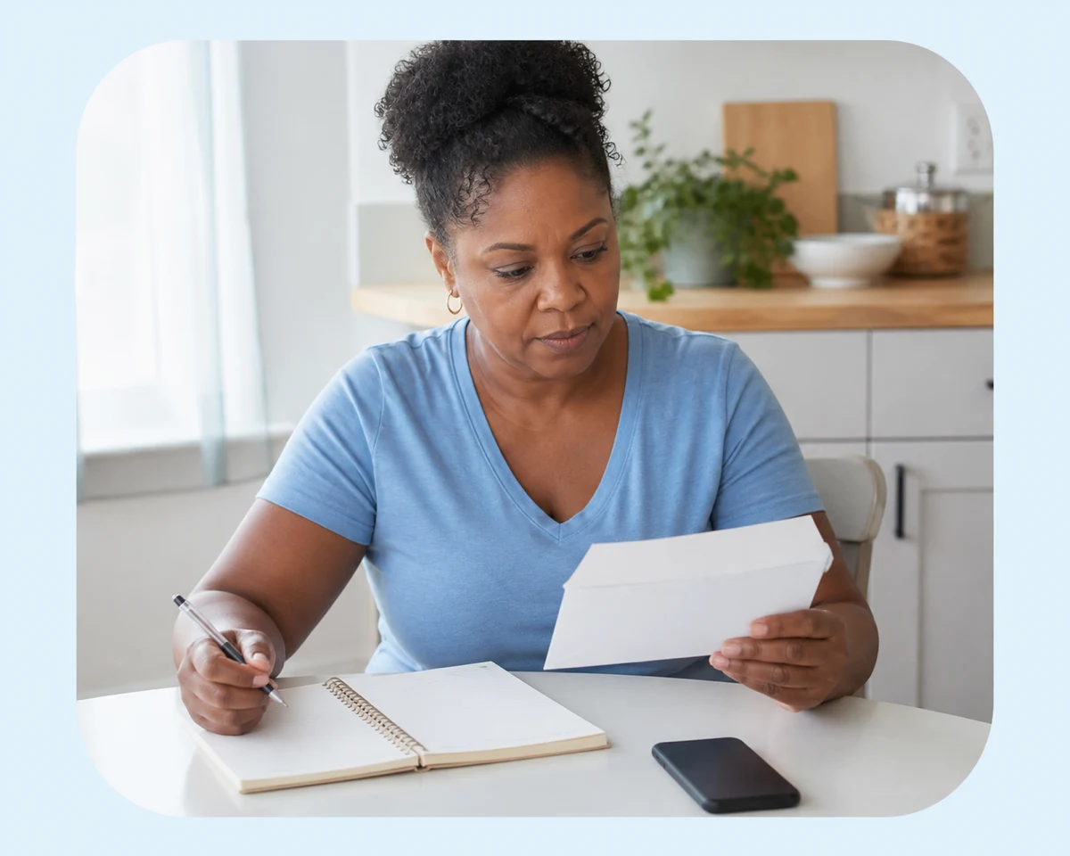 A woman calmly reviewing an envelope and making notes at her kitchen table.