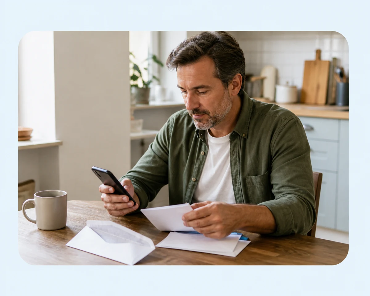 A man calmly reviewing envelopes while checking his phone at a kitchen table.